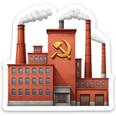 Soviet heavy equipment plant building, factory exterior, hammer and sickle, smokestacks, no people, no machinery outside sticker