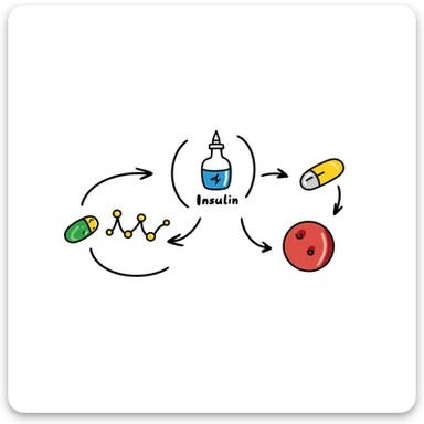 Anti-diabetic visualization with metabolic pathway: colorful flowchart showing blue insulin, green medication pills, yellow glucose molecules, and red blood cells. Hand-drawn educational diagram with arrows showing glucose regulation and insulin sensitivity improvement. sticker