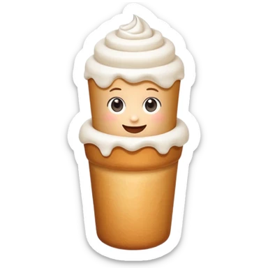 Cute emoji of a Hungarian chimney cake (kürtőskalács), cylindrical pastry, light brown baked dough with sugar coating, topped with white whipped cream, served in a small white paper cup sticker