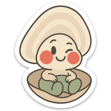 Create a cute oyster with a winking expression and very red cheeks, inspired by the reference image. Use pastel toon style with cream and greige colors. The background should be transparent. sticker
