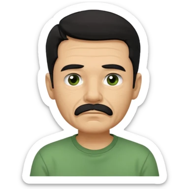 male_focus, 1boy, solo, realistic, looking_at_viewer, signature, green_shirt, shirt, upper_body, facial_hair, black_eyes, old, indoors, black_hair, closed_mouth, wrinkled_skin sticker