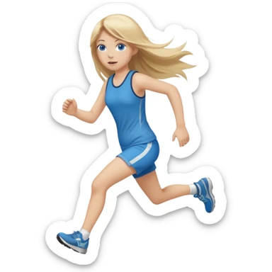 full length of a young woman with long straight dirty blonde hair, side bangs, and blue eyes. She is running after a 1 year old baby girl sticker