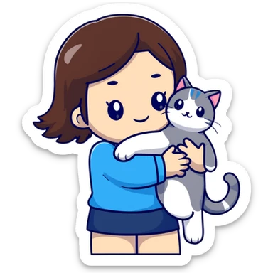 brown-haired Asian girl hugging her blue and white Manchikon cat, both cheerful sticker
