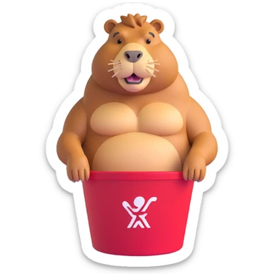 Muscular capybara with bulging muscles sitting in a KFC bucket sticker