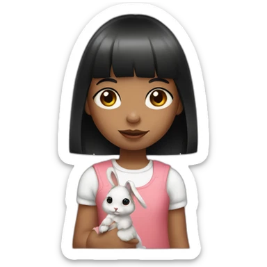 Little girl with black bangs holding rabbit sticker