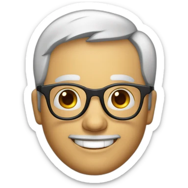 50 year old portuguese white man with black hair down below ears, round glasses and a big smile sticker