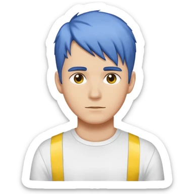 Make me an emoji that has a guy with a white shirt and yellow tape around the shirt with brown and blue hair  sticker