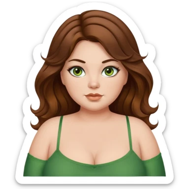 Baddie bratz girl with middle parted long wavy brown hair. green eyes. Plus size. Green spaghetti strap top. Black eyeliner sticker