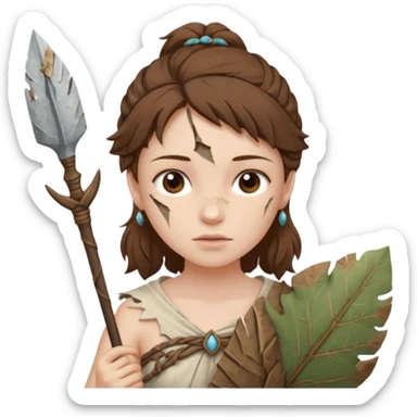 ancient girl, tattered leaf cloth, hold broken stone spear sticker