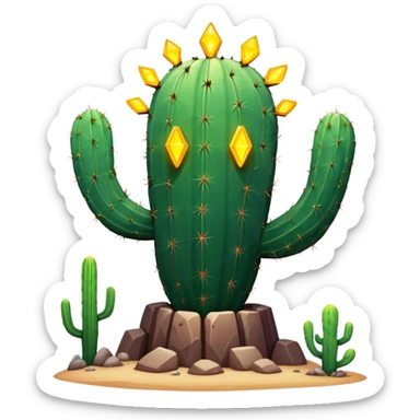 A towering, cactus-shaped rock guardian covered in glowing runes and pulsing with desert energy, neon cactus golem sticker