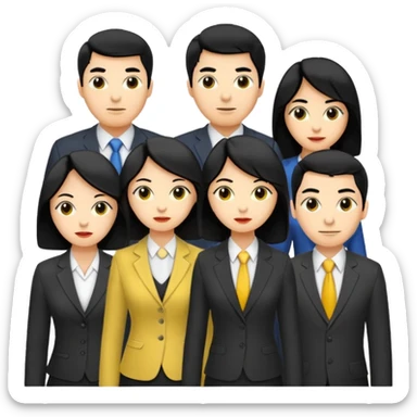 4 people, two man and two women,yellow skin office style,black hair, Half-body photo sticker