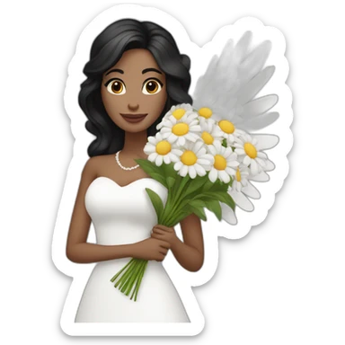 White bride with black hair and long dress holding bouquet of flowers with big wings sticker