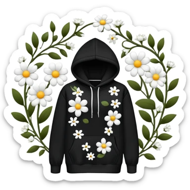 The BLACK Hoodie features a black base with distinctive white and black  open flower spots with empty space in the middle, These hollow ring-like patterns are scattered across. BLACK AND WHITE FLOWERS SPACED OUT FLOWERS, AND ONLY A FEW FLOWERS AND NO DOTS, NO VINES sticker