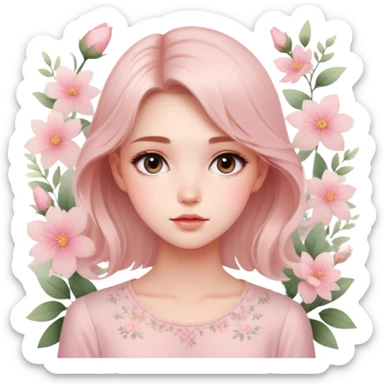 A portrait of a beautiful girl , wearing a light pink blouse and soft makeup. She has an ethereal, dreamy expression, with a blurred floral backdrop sticker