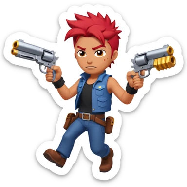 Colt from Brawl Stars, running forward, determined face, dual revolvers, spiky red hair sticker