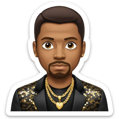 Keith Sweat (b.1961) with dark brown hair, black sequin jacket, black shirt with necklace sticker