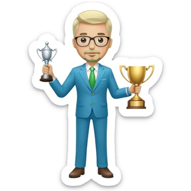 Full Body large white male  wearing glasses with a goatee with light blonde gray very short hair basketball head Coach in blue and green suit holding trophy sticker