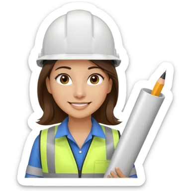 Arquitecta ojos marrones oscuros pestañas piel oliva pelo marron por los hombros sonrie casco blanco chaleco reflectante y material de dibujo técnico sticker