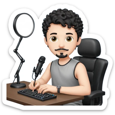 a setup of a youtuber his blach curly short hair, white skin, a thin goatee, with a desktop pc on a table, a gaming chair, microphone, ring light sticker