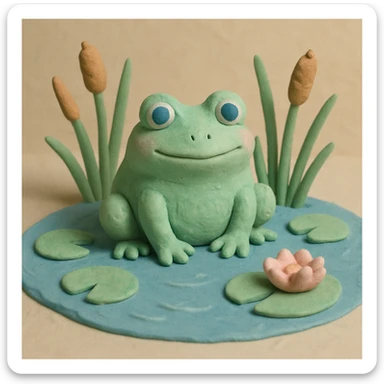 frog sitting in a pond with visible water lilies and reeds, soft pastel colors, claymation style sticker