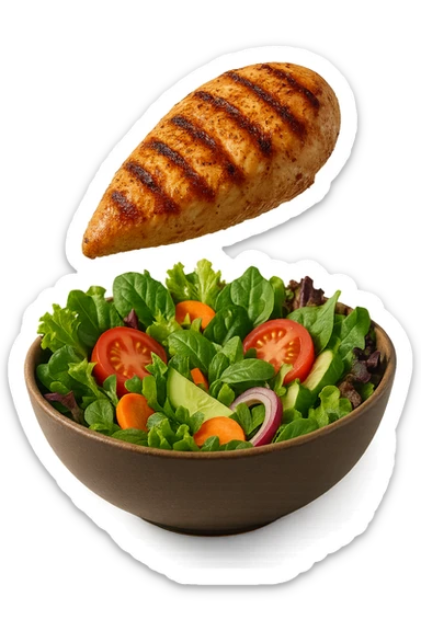 INSALATA CON PETTO DI POLLO GRIGLIATO CHE CADE DALL'ALTO, IPERREALISTICO 4K sticker