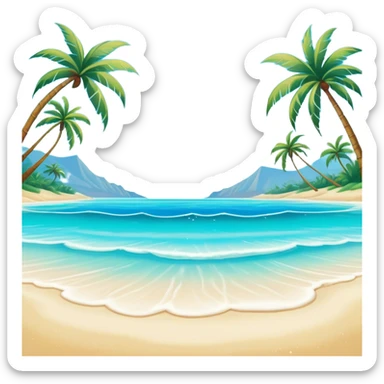 Cinematic Realistic Pristine Crystal-Clear Water Beach Emoji in a wooden frame, Sunny and radiant, with soft golden sand stretching endlessly, gently lapping waves of crystal-clear turquoise water washing onto the shore. The water is so transparent it reveals the shimmering seabed below, creating an idyllic, pristine setting. Above, the sky is a vivid blue, with a few gentle wisps of clouds. Palm trees sway gracefully in the warm breeze, their reflections mirrored in the water. Soft glowing outline, capturing the essence of a peaceful, serene beach paradise where every element gleams with natural beauty. sticker