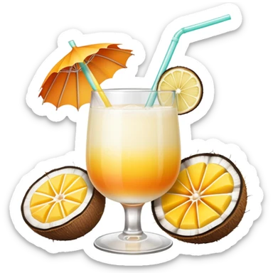 A beautiful cocktail with a creamy white to orange gradient, containing coconut juice and mango, reminiscent of summer. Above, there are tropical flowers, lemon slices, and a straws. sticker