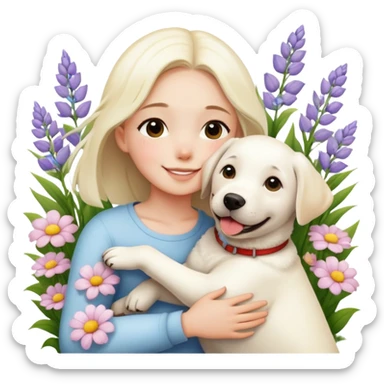 A girl happily hugs a white Labrador among the flowers sticker
