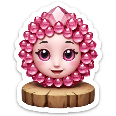 A single cute pink crystal cluster character, chunky round base with many tall rose-pink crystal quartz cluster imperfect, on the front of the base a kawaii face with big shiny eyes and a happy open smile very shiny sticker