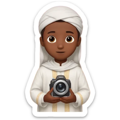 Personnage 3D mignon en style Pixar, un petit garçon portant un qamis blanc et un kufi, tenant un tapis de prière, entouré de lanternes brillantes, fond doux, couleurs chaudes, garçon teint noir TENANT UN APPAREIL PHOTO sticker