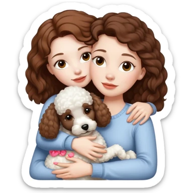 Beautiful woman with pale skin and brown hair hugging a white poodle dog sticker