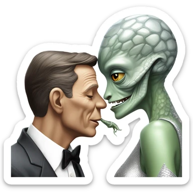 Frank Sinatra  hugs and kissing Alien reptilian woman in silver dress  sticker
