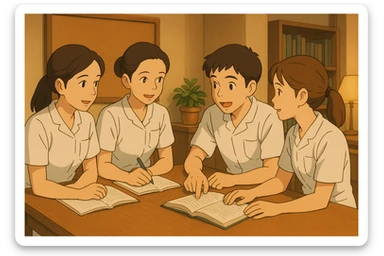 Quatre étudiants infirmiers inspirés des références, en style Ghibli, travaillant en collaboration et en interaction à l'intérieur. Uniformes blancs à manches courtes, tuniques médicales col en V, poche poitrine à gauche, avant-bras nus, pas de pied de col ni stéthoscopes, cheveux longs attachés pour celles qui en ont. Ambiance chaleureuse, professionnelle, décor intérieur. sticker