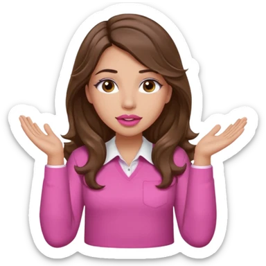 girl with long wavy brown hair, brown eyes, light to medium complexion, in a pink shirt, pink lips, long lashes, puckered lips, both hands all the way up for worship sticker