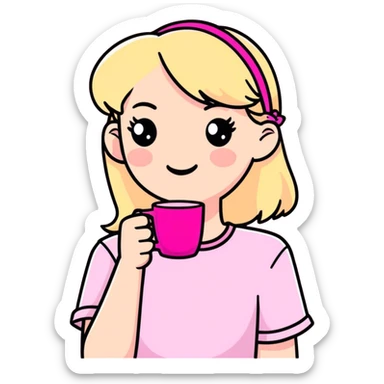 Crea un sticker de una persona rubia con accesorios rosas y un vaso rosa en la mano  sticker