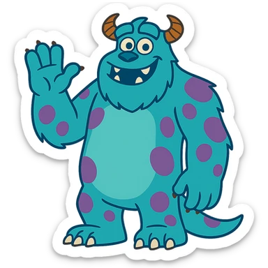 James P. Sullivan Sulley from Monsters Inc, large blue furry monster with purple spots, friendly smile, full body, cartoon style sticker