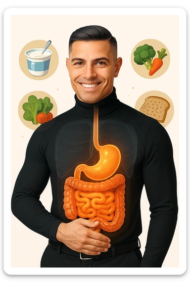 a fit, smiling man stands confidently with one hand on his abdomen. A transparent overlay reveals a healthy, detailed digestive tract with a glowing, vibrant intestine. Around him, icons of healthy foods like yogurt, vegetables, and whole grains float, symbolizing good gut health. The background is clean and bright, with an educational mood. sticker