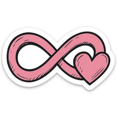 pink infinity sign in drawn style with sharp defined contours, cartoon-like shadows and highlights, heart merged into the lower right curve of the infinity, heart looks like a natural extension of the symbol sticker