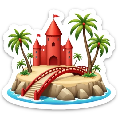 a circular island with a modern chateau, a beach with palm trees in front. also, a red bridge behind.  sticker