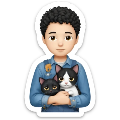 Apple emoji of a 13 year old boy with short black curly hair and dark brown eyes of light skin with denim shirt and overalls hugging a black and white cat sticker