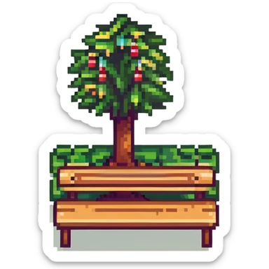 tiny simple city park icon with tree and bench, modern colors, minimal details, small size sticker