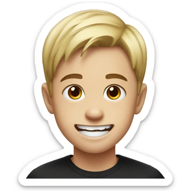 smiling boy in black shirt and a gap in teeth sticker