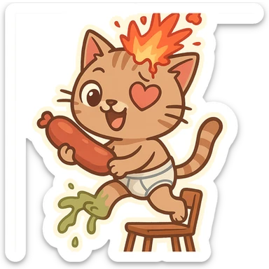 whimsical and expressive cartoon cat walking on a chair, holding a large sausage, one heart eye, green vomit coming from its leg, exploding head, wearing underwear sticker