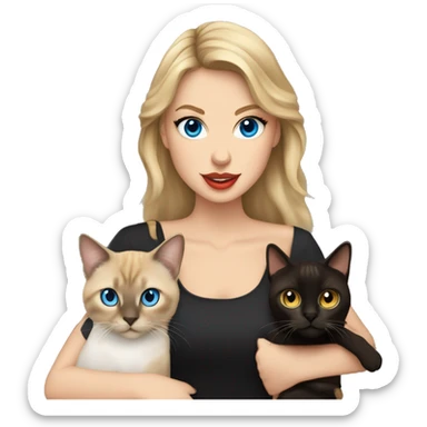 taylor swift with blue eyes holding 3 cats: 1 furry black with yellow eyes, 1 chocolate-point siamese, and 1 tabby-point siamese sticker