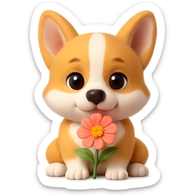 Crop the image to leave only the corgi baby with the flower, removing the mom and dad. The original style is 3D emoji style, please keep the look consistent with 3D emoji style and maintain a transparent background. sticker