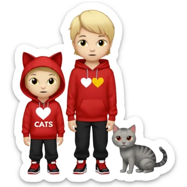 A 8 year old boy wearing a red and black hoodie say I heart cats he’s blond he has red Jordan’s and Hess wearing black pants he’s next to a gray cat with yellow eyes  sticker