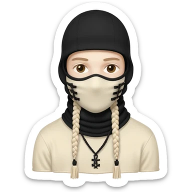 Ultra-detailed studio shot of a post-apocalyptic off-white balaclava — deconstructed, frayed, layered, with braided rope tassels and subtle embroidery. Minimalist white background, soft lighting, sharp focus. High-fashion streetwear aesthetic. The face of a person in a mask should not be visible sticker