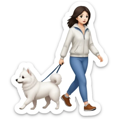 Brunette woman walking one Japanese Spitz dog sticker
