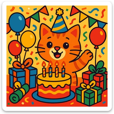 birthday party scene with colorful decorations, balloons, confetti, a large birthday cake, gifts, and a festive atmosphere, featuring a ginger tabby kitten wearing a birthday hat as the main character sticker