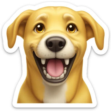 Yellow dog with really bad teeth and a big smile sticker